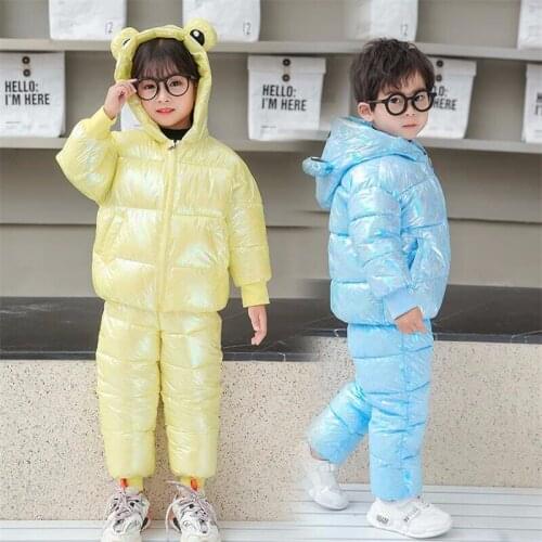 Childrens Down-Cotton Clothes Set Winter 2020 New Baby Boys and Girls Bright Face Cartoon Frog Coat Jacket+Pant Outfits Suit