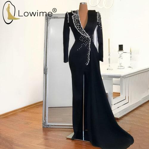 Elegant Black Long Sleeve Mermaid Evening Dresses V Neck Pearls Satin Evening Gowns Split Saudi Arabia Formal Dresses