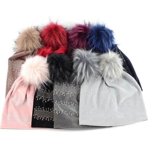 Geebro Fashion Women Rhinestone Skullies Beanies Hat Female Thick Casual Bonnets Soft Warm Cap With 15cm Faux Fake Fur Pompom