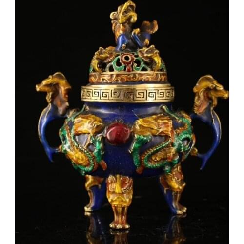 China Cloisonne Copper Bead Enamel Painted Two Dragon Play Beads lion Incense Furnace Metal Crafts Home Decoration