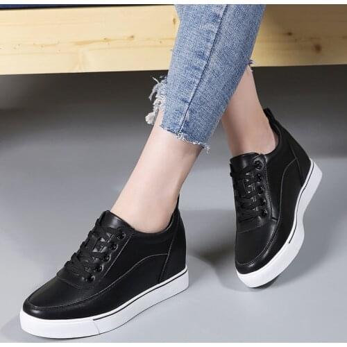 Real Leather Hidden Wedge Heel Sneakers Platform Heel Sneaker Ladies Shoes White Black Woman Casual Sneakers for Women Fashion
