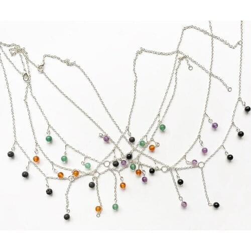 Lava Stone Pendant Obsidian Stone Necklace Jewelry Long Chain Healing Crystal Purple Quartz Carnelian Beads Jewelry 1pc