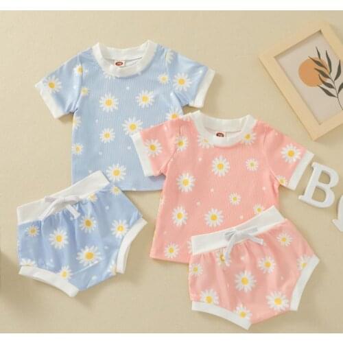 Summer Kids Suit Set Girls Daisy Print O-Neck Short Sleeve Pullover T shirt Shorts Set Pink/Blue 0-24 Months