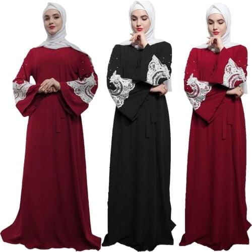 Muslim Abaya Bell Sleeve Long Maxi Dress For Women Vintage Beads Kaftan Dubai Robes Gown Loose Arab Appliques With Belt Fashion