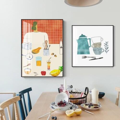 Kitchen Wall Decor Poster Illustration Cartoon Delicious Food Green Plant Modern Art Canvas Painting for Dining Hall Restaurant
