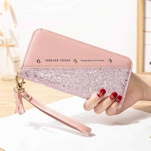 The New Wallet Long Ms. Zipper Wallet Female Students Stitching Contrast Tassel Wild Riveting Nail Mobile Phone Bag