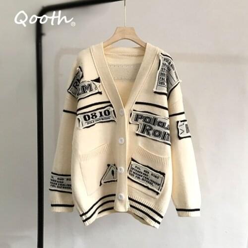 Qooth Letter Patch V-Neck Single Breasted Cardigan Spring Autumn Winter Thick Knitted Long Sleeve Cardigan Causal Cardigan QT637