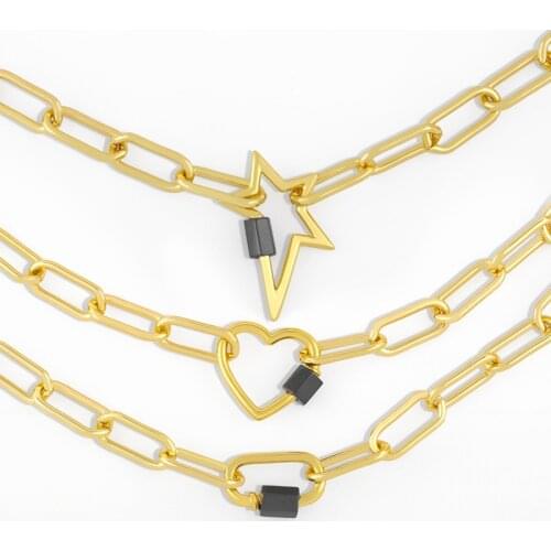 FLOLA Carabiner Lock Lightning Bolt Necklace For Women Geometric Rectangle Oval Heart Necklace Pendant Gold Chain Jewelry nker61