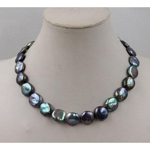 Genuine 14 mm Black Coin Freshwater Cultured Pearl Necklace 18