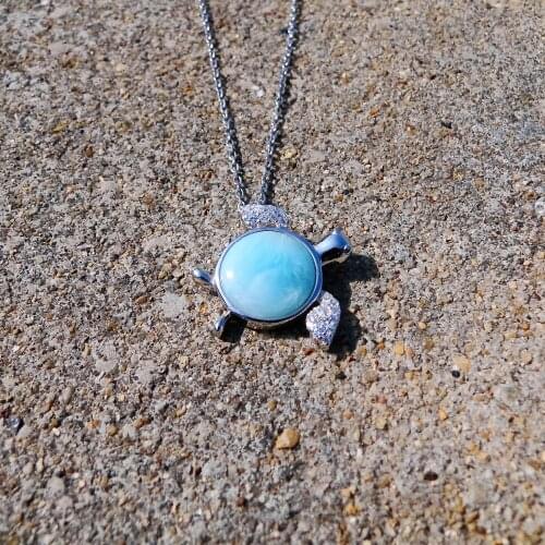 Sealife 925 Sterling Silver Sea Turtle Natural Larimar Gemstone Pendants Zircon Stone Necklace Symbol Charm For Women Men