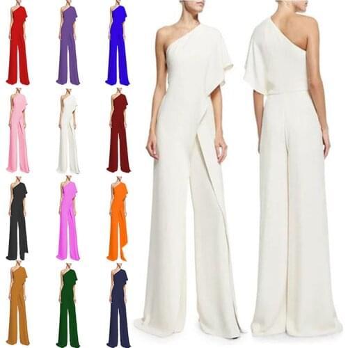 One Shoulder Sexy Cut Out Rompers Women Overalls Female Wide Leg Pants Long Holiday Overalls Solid Backless Slim Jumpsuits