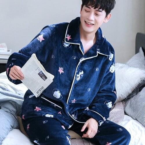 H5906 Cute Cartoon Pajamas Men Thick Coral Velvet Autumn Winter Sleepwear Suit Home Wear Male Long Sleeve Lapel Warm Nightwear