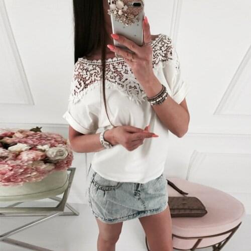 Summer Polyester Womens Shirt Round Collar Short Sleeve Pullover White Black Hollow Out Lace Fashion Sexy Shirt
