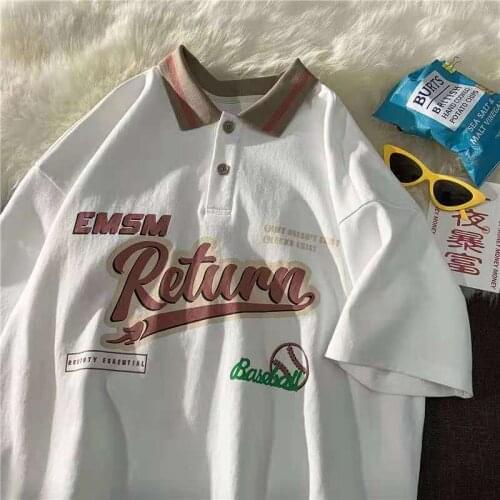 Cotton Buttons Polo Collar American Retro Print Graphic T Shirts Women Short Sleeve Tshirt Women Harajuku Casual Summer Tees Top