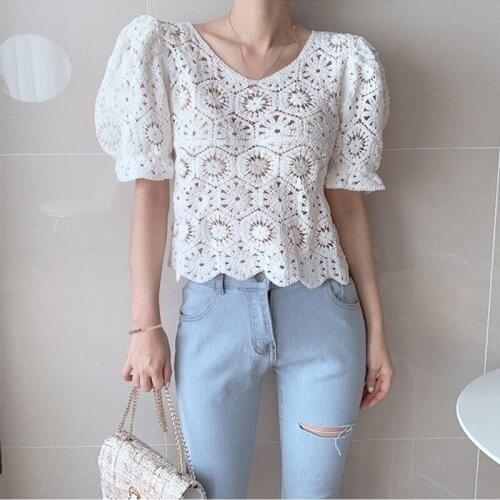 Women Shirts Summer Blouse Womens V-neck Lace Hollow Loose Shirt Women Fashion Woman Blouses