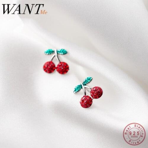 WANTME Fashion Romantic Sweet Red Zircon Cherry Fruit Studs Earrings Genuine 100% 925 Sterling Silver Girls Accessory Jewelry