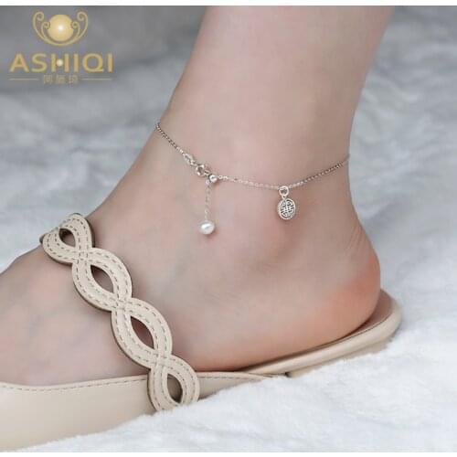 ASHIQI Natural Freshwater Pearl Anklet Charm Anklet for Women Foot Bracelet Jewelry Gift