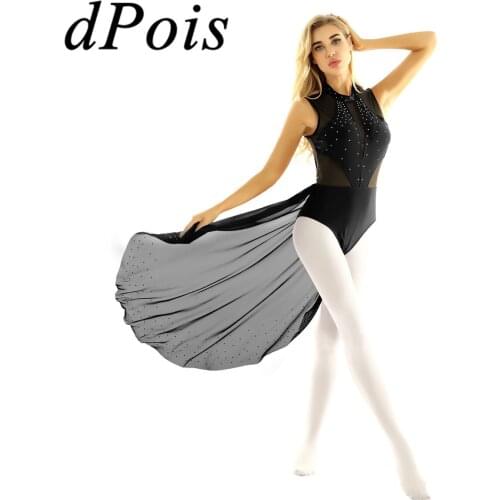 Women Adults Ballet Ballerina Lyrical Dance Dress Shiny Rhinestones Round Neck Sleeveless Backless Leotard Gymnastics Bodysuit