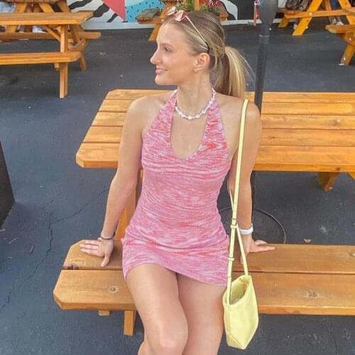 Pink Sexy Halter Neck Beach Bodycon Dresses Y2k 2021 Summer Print Backless Sleeveless Bandage Women Knit Dress Party