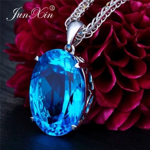 JUNXIN Silver Color Big Oval Zircon Aqua Blue Zircon Pendant Necklaces For Women Large Stone Clavicle Necklace CZ