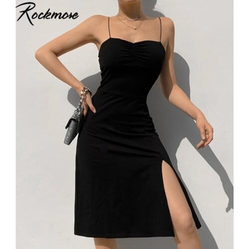 Rockmore Elegant Spaghetti Strap Sleeveless Dress Women Sexy Split Knee-Length Dresses Summer Solid Slim Lady Streetwear Dress