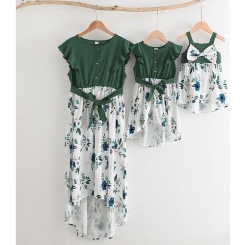 Family Matching Outfits Summer Mother Daughter Patchwork Princess Vestidos Sleeveless Bowtie Sashes Dress For Women 2021
