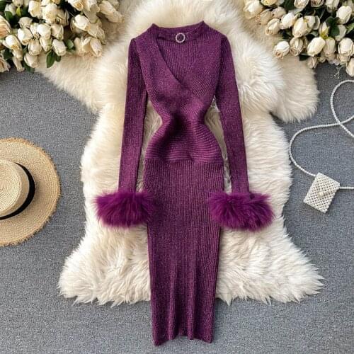 Sexy halter neck hollow V-neck elastic waist and hips retro bright silk knitted dress female autumn and winter basic dresses