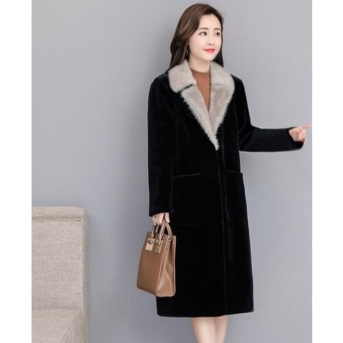 Winter Womens Faux Fur Long Coat Black Fur Collar Slim Fit Sheep Shearing Overcoat Office Ladies Outwear Manteau Femme Hiver 3XL