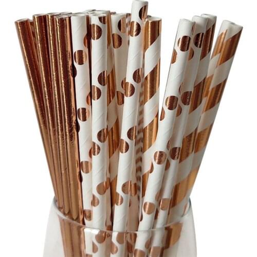 25Pc Foil Rose Gold Dot Striped Party Drinking Disposable Straws For Baby Bride Shower Wedding Decor Party Event Supplies