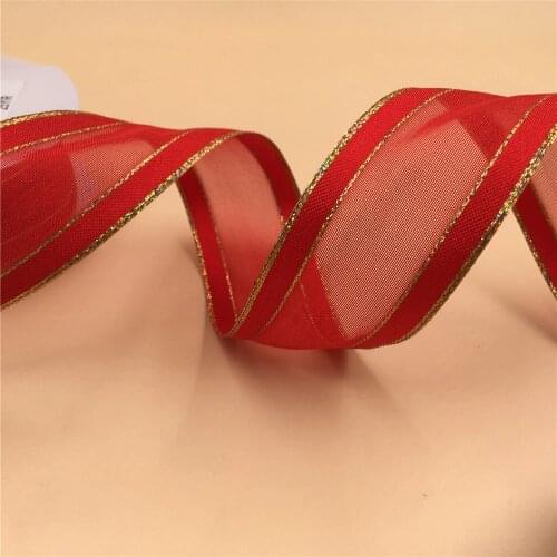 N2054 38mm X 25yards Red Wired Satin Edge Organza Ribbon W/ Gold Lurex Edges. Gift Bow,Wedding,Cake Wrap,Tree Decoration,Wreath