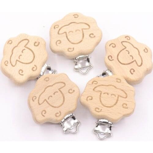 5pcs Baby Goat Pacifier Clip Non Toxic Beech Wood Engraving Printing Pacifier Clip Molar Toys 0-24 Months