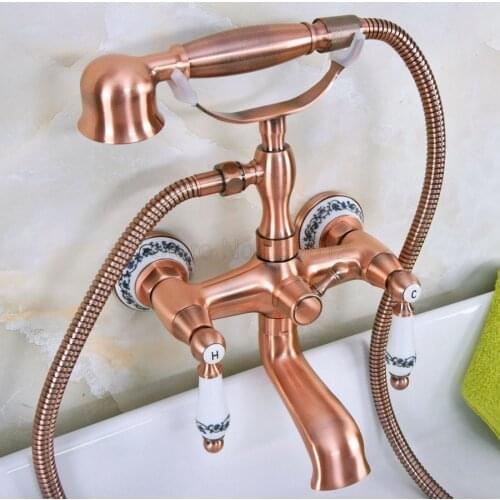 Antique Red Copper Wall Mount Bathtub Faucets Bathroom Shower Faucet Clawfoot Tub Faucet W/Hand Shower Sprayer Mixer Tap tna331