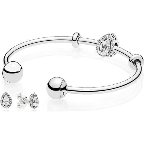 NEW 925 Sterling silver Radiant Teardrop Open Bangle and Earrings Set Clear CZ fit DIY charm Bracelets jewelry A set of prices