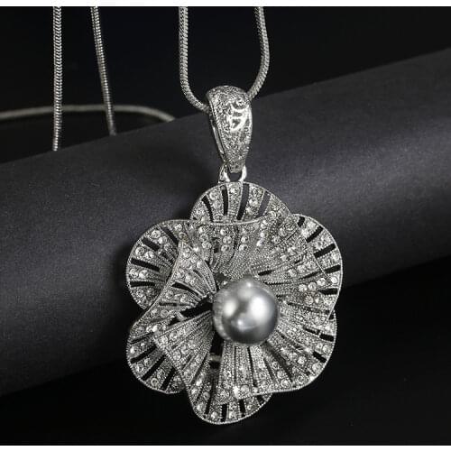 Handmade Simulated Pearl Flower Long Necklace for Women Wedding Party Jewelry Kolye Collier Femme Pendant Necklace