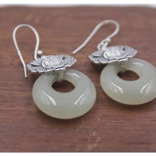Elegant Sterling S925 Silver & Hetian Jade Earrings Dangle For Women Ladies Girl 40*18mm Safety Button Drop Earrings