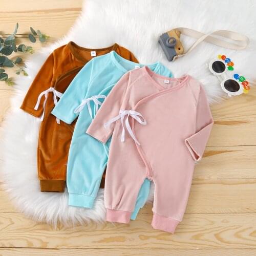 FOCUSNORM 3 Colors Newborn Baby Girls Boys Jumpsuits 0-18M Solid Long Sleeve Lace Up Fur Jumpsuit Homewear