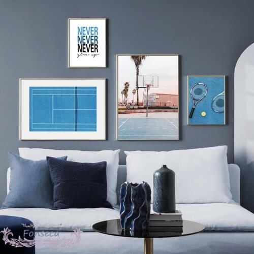Blue Tennis Street Basketball Court Canvas Painting Nordic Never Give Up Quotes Posters and Prints Wall Art Pictures Room Decor