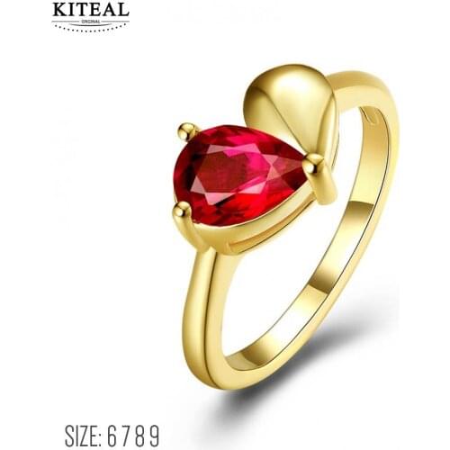 KITEAL NEW!! Gold color Red size 6 7 8 9 Perfume women engagement ring red heart zircon water-drop bague sport