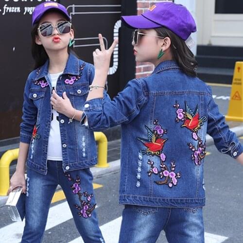 Big Childrens Childrens Clothing Suit Girls Autumn Denim Suit Cartoon Denim Jacket Female Baby Casual Three-piece Jacket