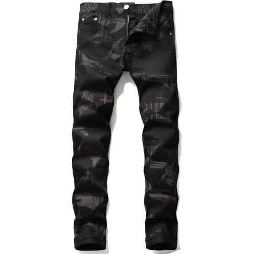 Fashion Geometric Plaid Jeans Men Black 2020 Autumn Design Stretch Jeans Pants Men Personalized Casual Plus Size Men Trousers