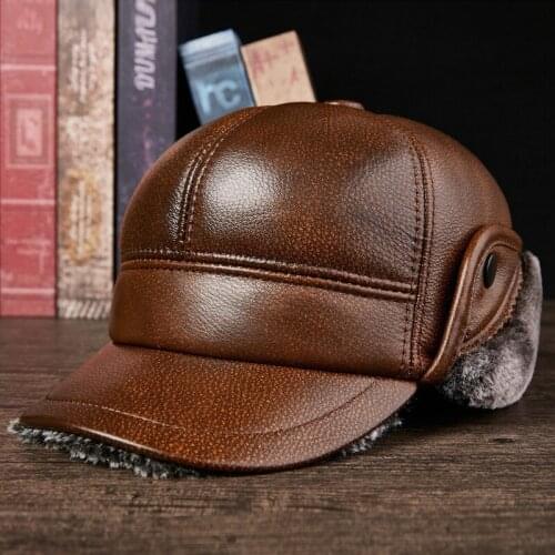 Middle-aged Elderly Male Bomber Hat Mens Winter Thicken Plus Velvet Warm Cap Outdoor Ear Protection Cotton Cowhide Hats H7016