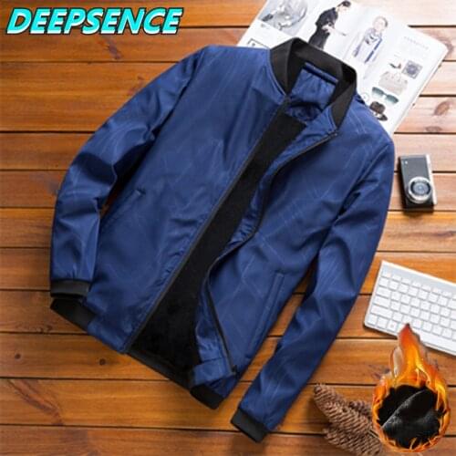 Men Autumn Winter Casual Jacket Eengland Men Slim Striped Stand Outerwear Fleece Thickened Fashion Trend Zipper Jacket Men