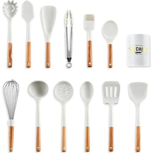 New 12Pcs Cooking Utensils Set Non-stick Cooking Spatula Spoon Egg Whisk Complete Silicone Kitchenware with wooden handle
