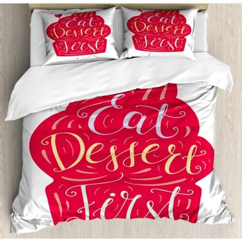 Eat Dessert First Duvet Cover Set Doodle of Cupcake with Heart 3 Piece Bedding Set Dark Pink Pastel Pink Pastel Yellow Pale