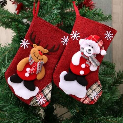 Christmas Stockings Socks with Snowman Santa Printing Candy Xmas Gift Bag Soft Fabric Fireplace New Year Tree Decoration