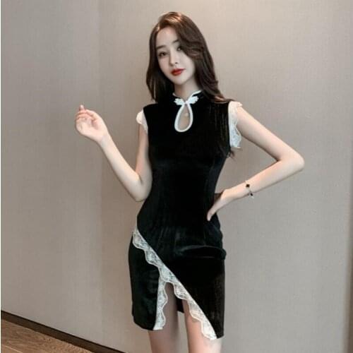 Sexy Dresses Party Night Club Dress 2021 Sleeveless Cheongsam Short Chinese Traditional Dress Velet Chinese Dress Qipao 11933