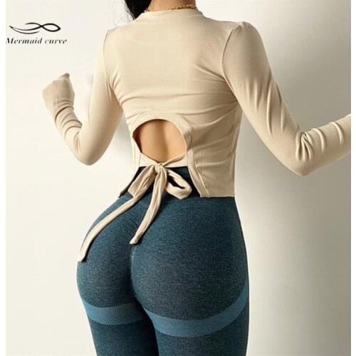 Mermaid Curve Back U Type Hollow Bandage Sports Top Womens Slim Quick-Drying Yoga T-shirt Running Long-Sleeve Fitness Clothes