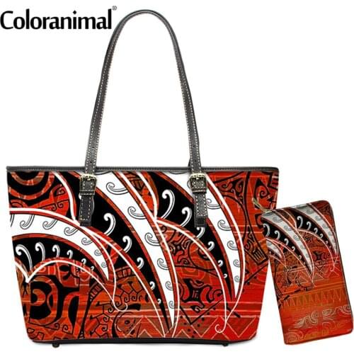 Coloranimal PU 2Pcs/Set Shoulder Bag&Wallet Samoan Hawaiian Polynesian Teal Village Tribal Ink Mounted Print Lady Crossbody Bag