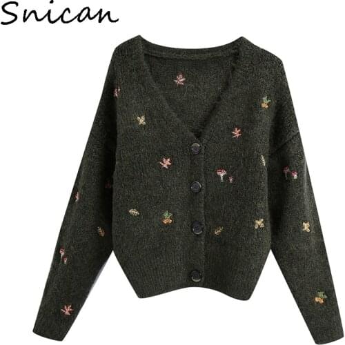 Snican mushroom leaves embroidery sweater za women 2020 autumn winter long sleeve v neck cardigan femme jersey negro mujer tops