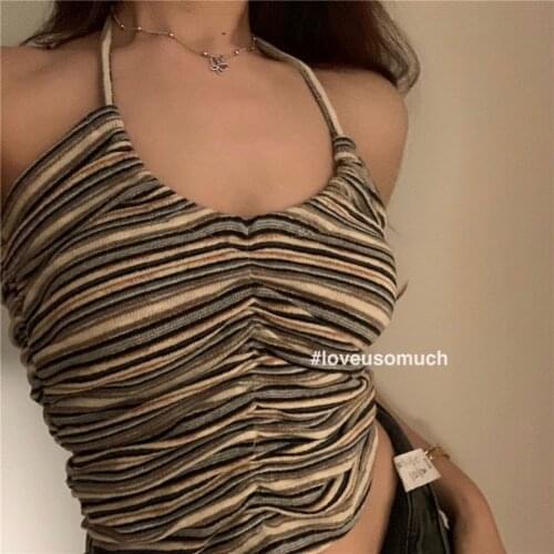 Outer Wear Sexy Stripes Halterneck with Suspenders Vest Summer Sleeveless Cold-Shoulder Inner Bottoming Shirt Short Scheming Top